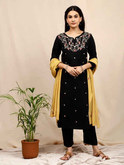 BLACK EMBROIDERED VISCOSE LINEN KURTA  PANTSWITH DUPATTA