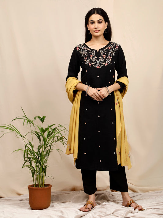 BLACK EMBROIDERED VISCOSE LINEN KURTA WITH PANTS