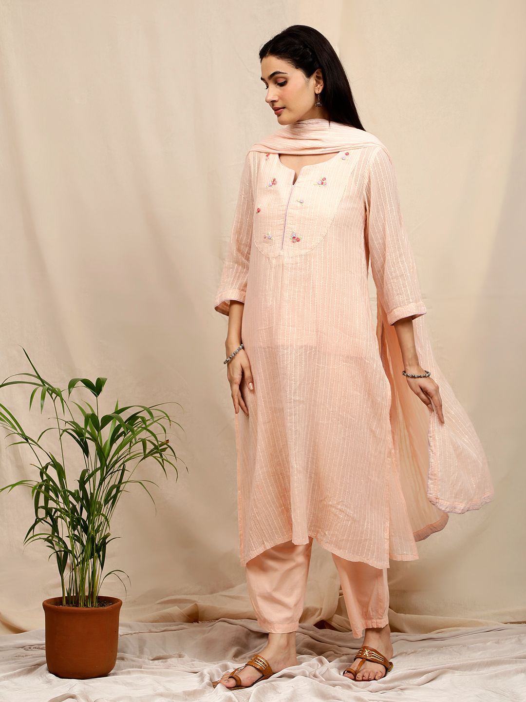 PEACH HAND EMBROIDERED LUREX KURTA