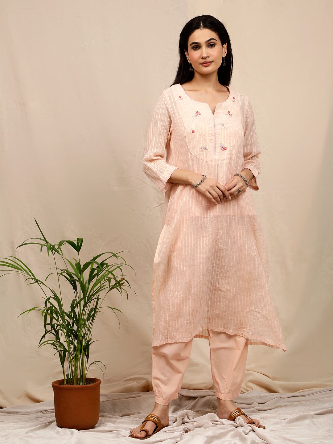 PEACH HAND EMBROIDERED LUREX KURTA