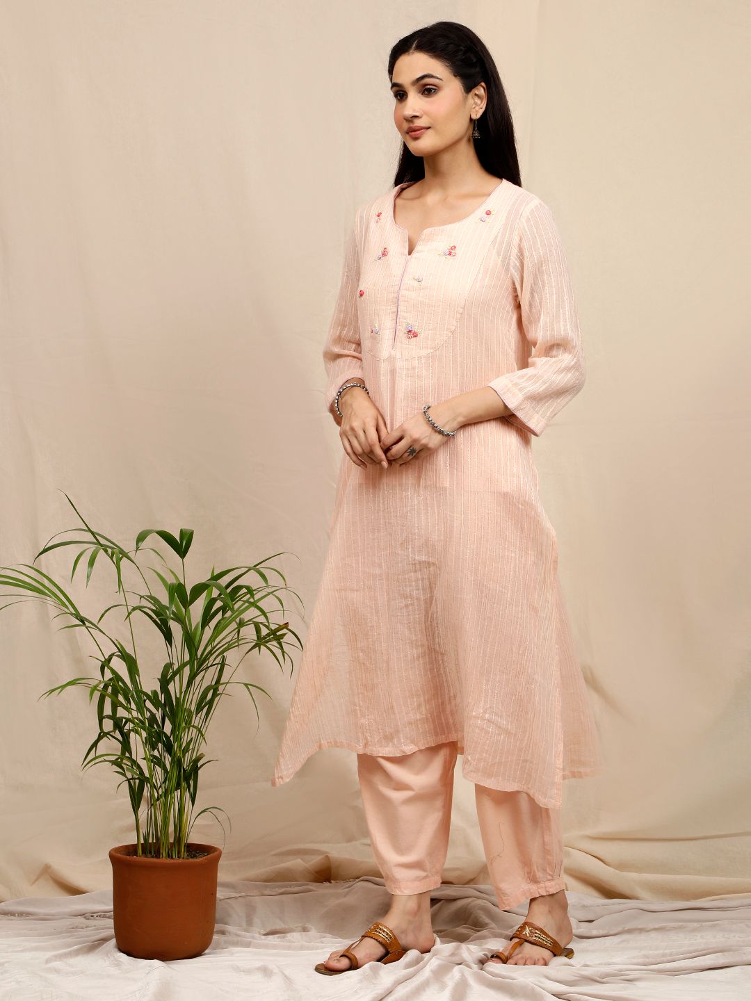 PEACH HAND EMBROIDERED LUREX KURTA