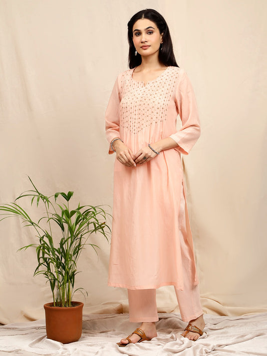 PASTEL PINK EMBROIDERED COTTON SILK KURTA WITH PANTS