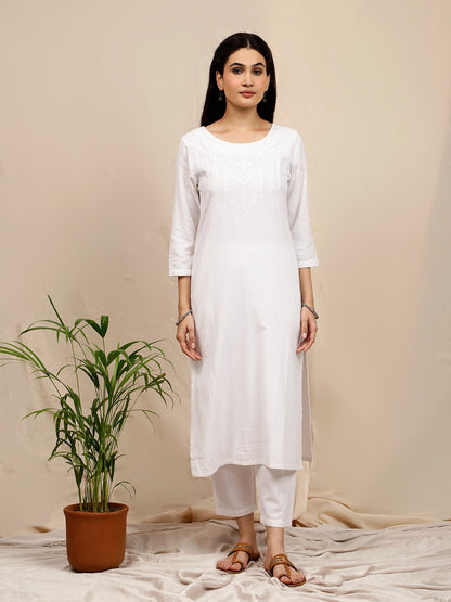 WHITE EMBROIDERED LINEN VISCOSE KURTA WITH PANTS