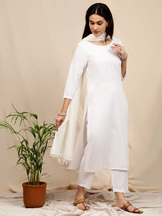 WHITE EMBROIDERED LINEN VISCOSE KURTA WITH PANTS