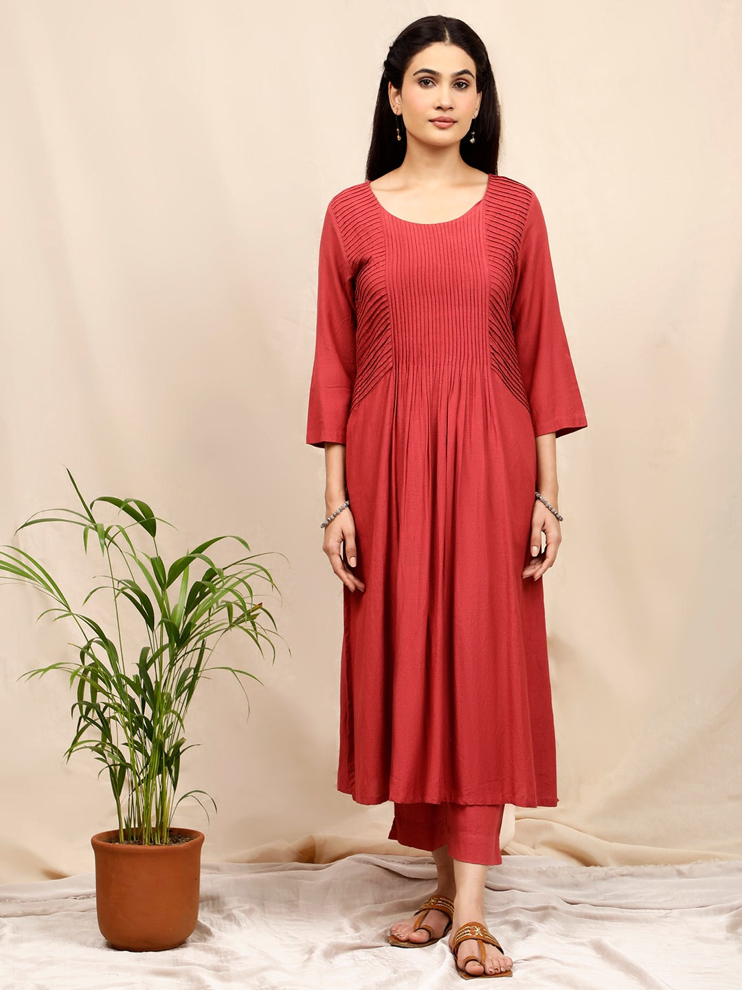 RUST COTTON LINEN PLEATED KURTA WITH PANTS