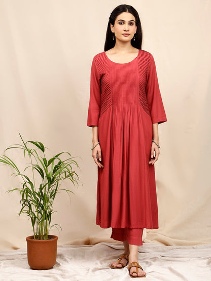 RUST COTTON LINEN PLEATED KURTA WITH PANTS