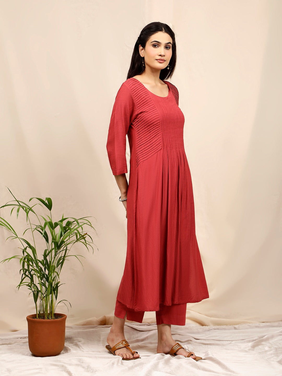 RUST COTTON LINEN PLEATED KURTA WITH PANTS