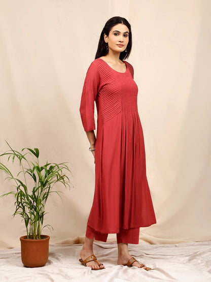 RUST COTTON LINEN PLEATED KURTA WITH PANTS