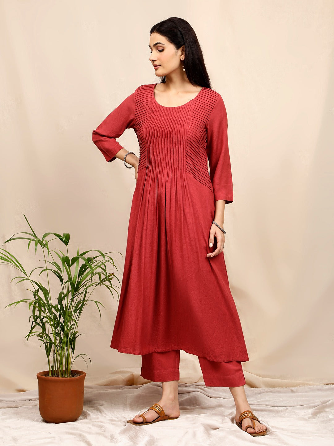 RUST COTTON LINEN PLEATED KURTA WITH PANTS