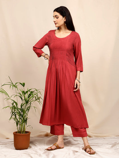 RUST COTTON LINEN PLEATED KURTA WITH PANTS