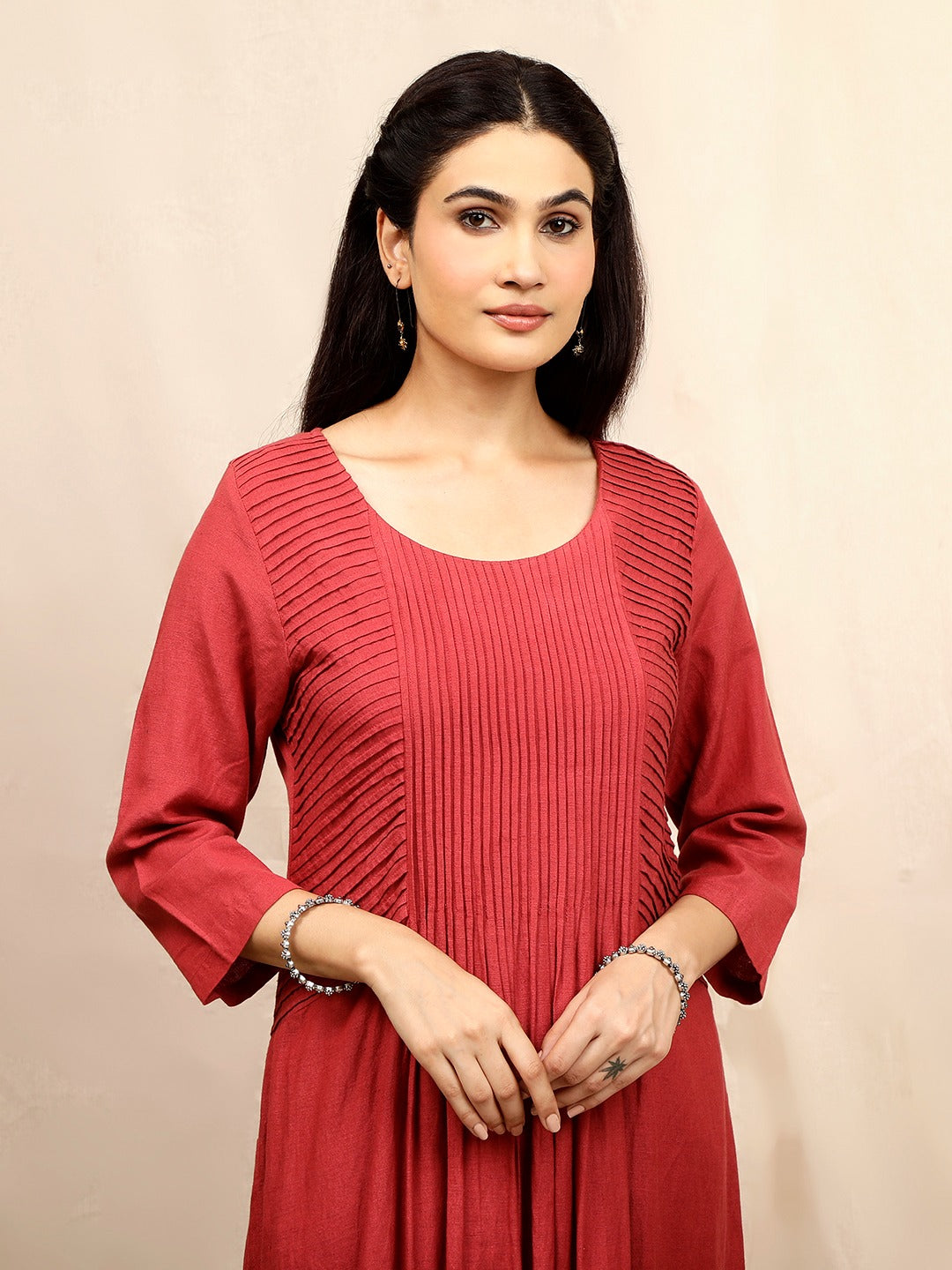 RUST COTTON LINEN PLEATED KURTA WITH PANTS