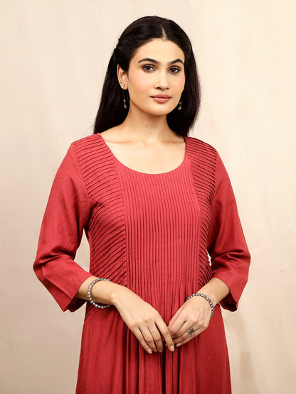 RUST COTTON LINEN PLEATED KURTA WITH PANTS