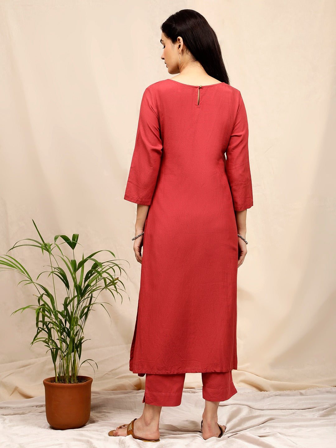 RUST COTTON LINEN PLEATED KURTA WITH PANTS
