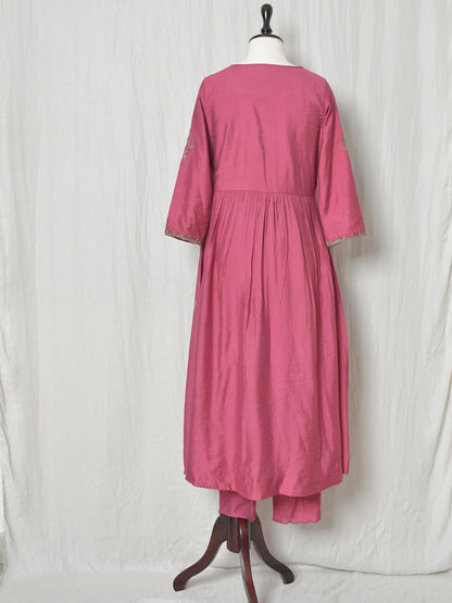 BURGUNDY PINKINSH CHANDERI A-LINE GATHERED KURTI