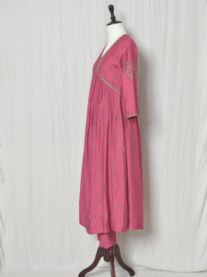 BURGUNDY PINKINSH CHANDERI A-LINE GATHERED KURTI