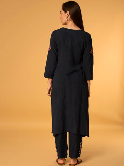 NAVY BLUE MIRROR EMBROIDERED LINEN VISCOSE KURTA WITH PANTS