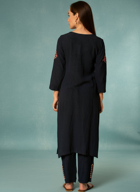 NAVY BLUE MIRROR EMBROIDERED LINEN VISCOSE KURTA WITH PANTS
