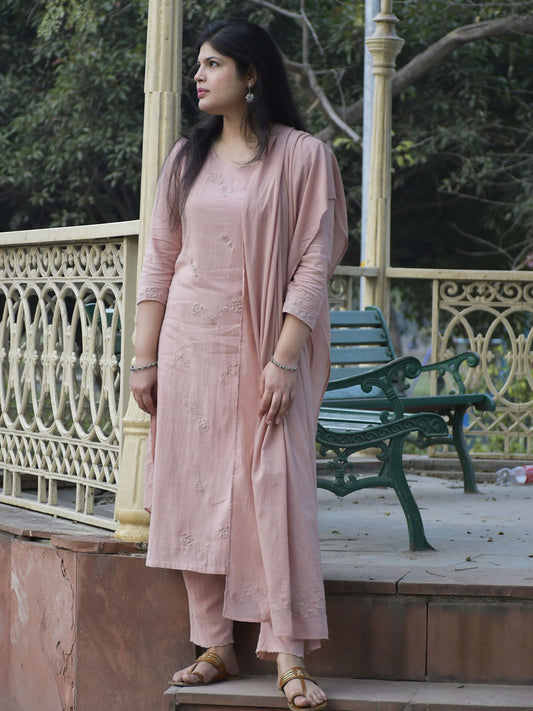 Dusky Pink Applique Kurta With Pants & Dupatta