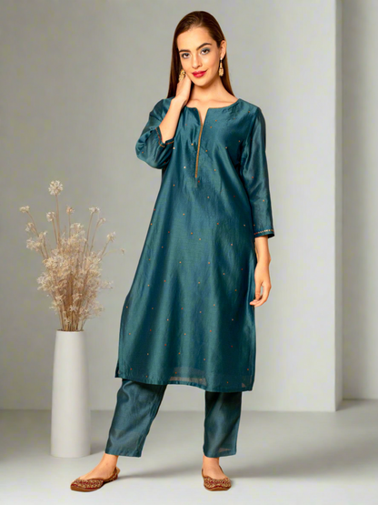 TEAL BLUE SEQUINS EMBROIDERED CHANDERI KURTA