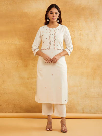 White Hand Embroidered Kurta Pants with  dupatta- Set of 3
