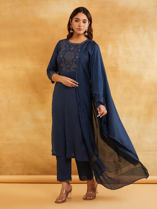 Blue Zari Embroidered Kurta Pants with Dupatta- Set of 3