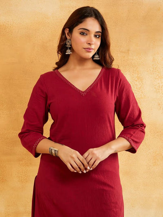 Maroon Zari Embroidered Cotton Kurta with Pants