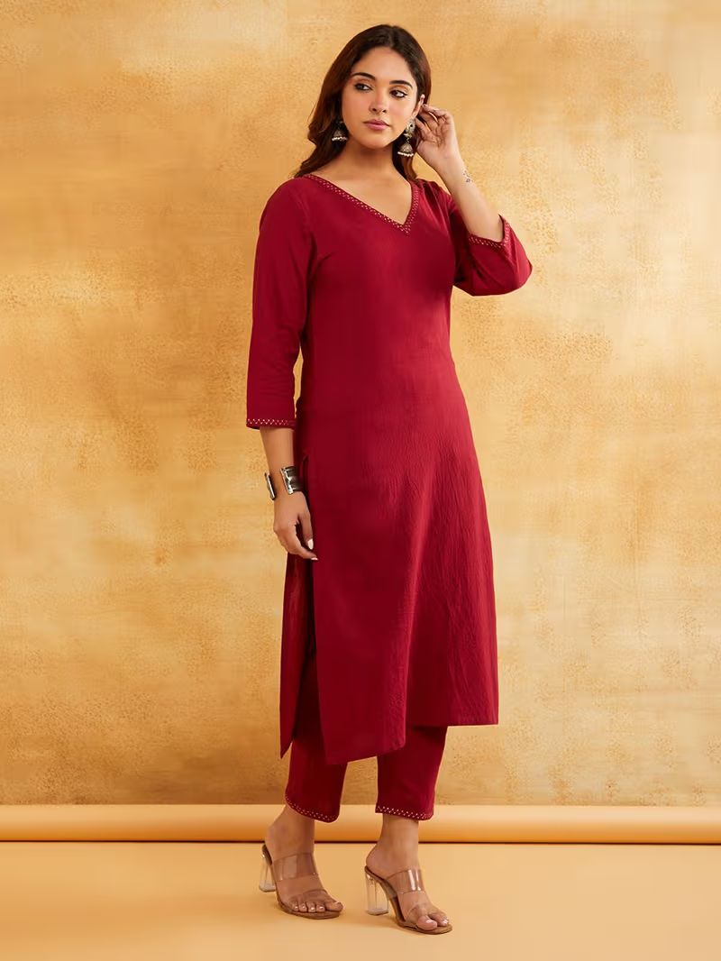 Maroon Zari Embroidered Cotton Kurta with Pants
