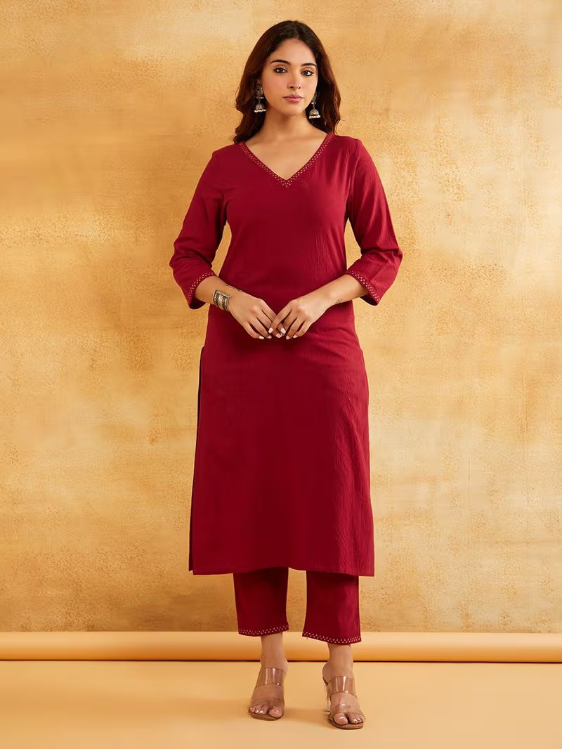 Maroon Zari Embroidered Cotton Kurta with Pants