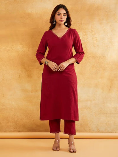 Maroon Zari Embroidered Cotton Kurta with Pants
