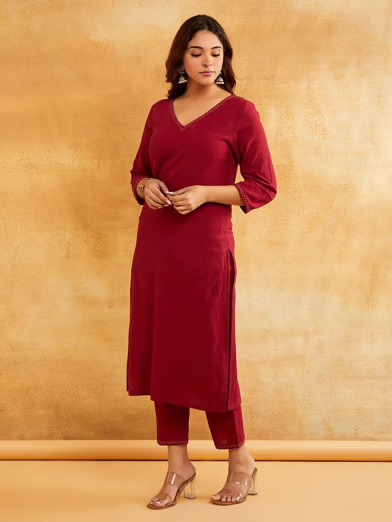 Maroon Zari Embroidered Cotton Kurta with Pants