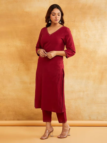 Maroon Zari Embroidered Cotton Kurta with Pants