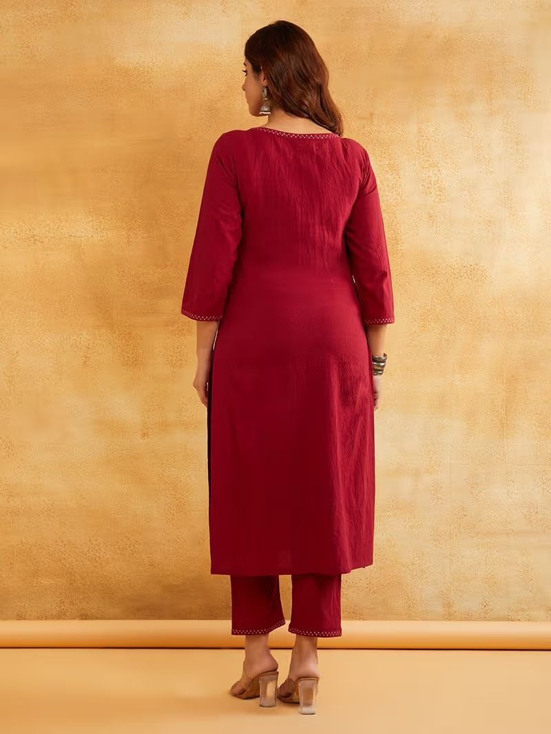 Maroon Zari Embroidered Cotton Kurta with Pants