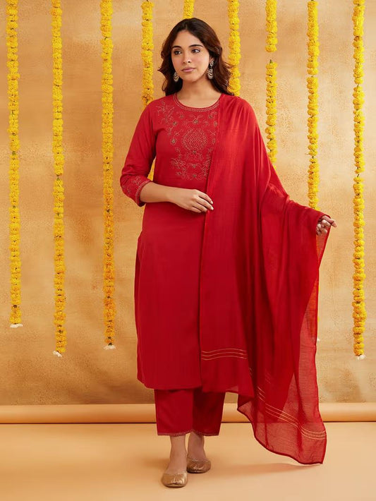 Red Zari Embroidered Kurta Pants with Dupatta- Set of 3