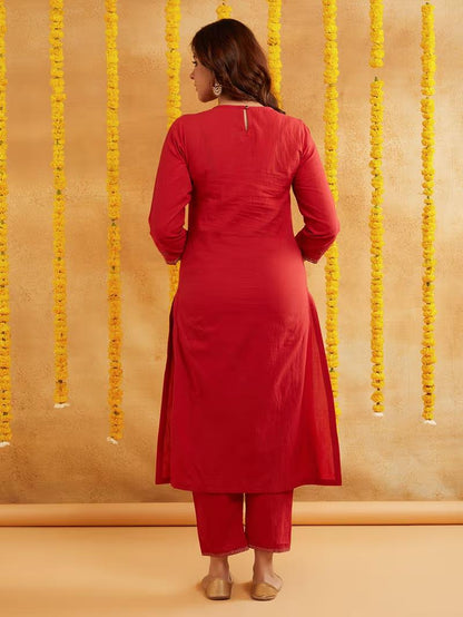 Red Zari Embroidered Kurta Pants with Dupatta- Set of 3