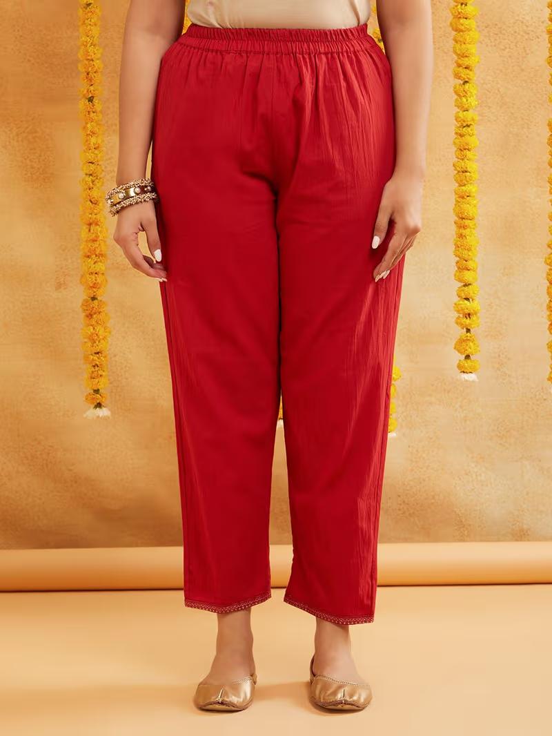Red Zari Embroidered Kurta Pants with Dupatta- Set of 3