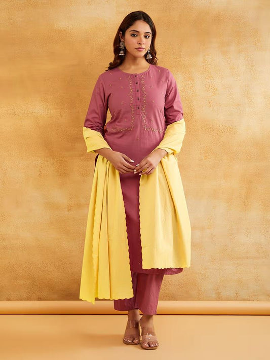 Blush Pink Hand Embroidered Kurta Pants with dupatta- Set of 3