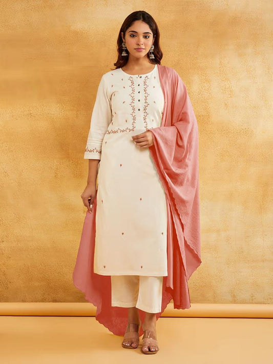 White Hand Embroidered Kurta Pants with  dupatta- Set of 3