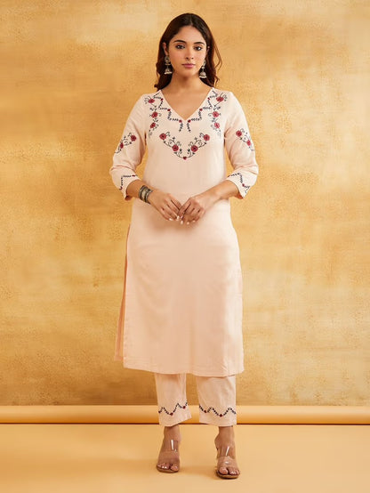 Light Pink  Embroidered Cotton Linen Kurta with Pants