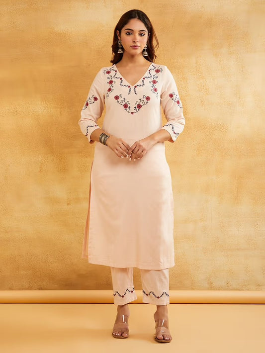 Light Pink  Embroidered Cotton Linen Kurta with Pants