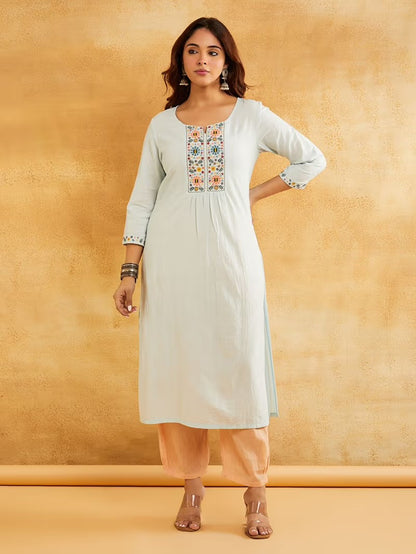 Sky Blue Embroidered Cotton Kurta with Peach Pants