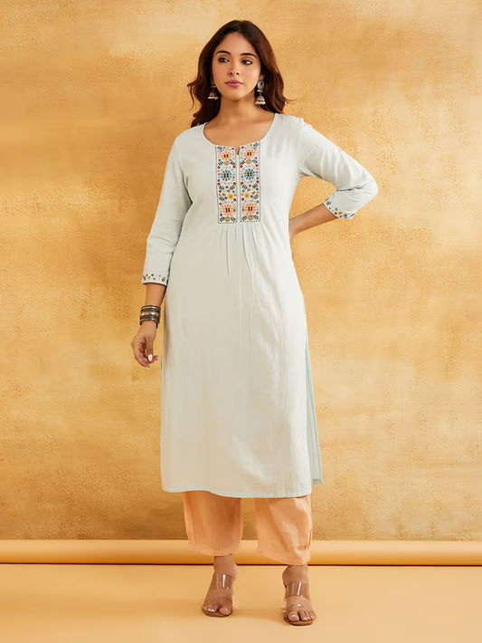 Sky Blue Embroidered Cotton Kurta with Peach Pants
