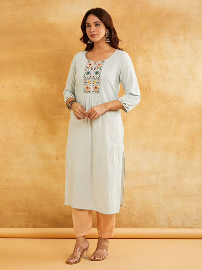 Sky Blue Embroidered Cotton Kurta with Peach Pants