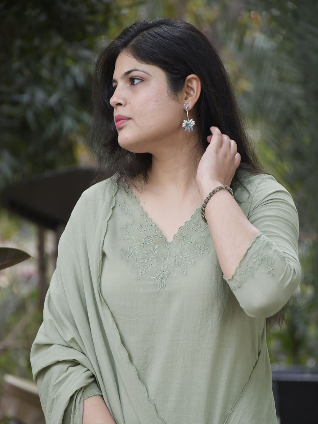 Mint Green V-neck Embroidered Kurta with Pants and Dupatta