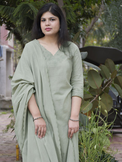 Mint Green V-neck Embroidered Kurta with Pants and Dupatta