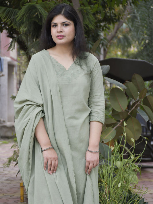 Mint Green V-neck Embroidered Kurta with Pants and Dupatta