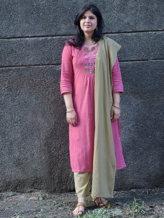 Pink Embroidered Cotton Linen Kurta with Pants