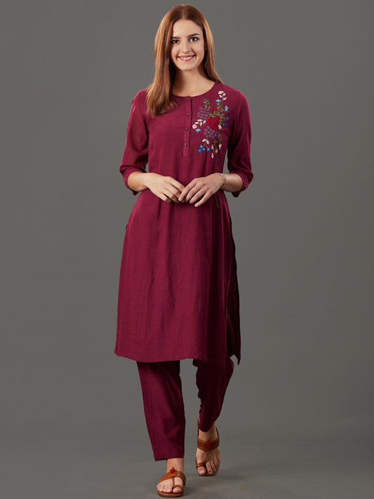 MAROON EMBROIDERED COTTON SILK KURTA WITH PANTS