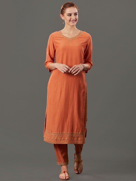 ORANGE EMBROIDERED COTTON SILK KURTA WITH PANTS