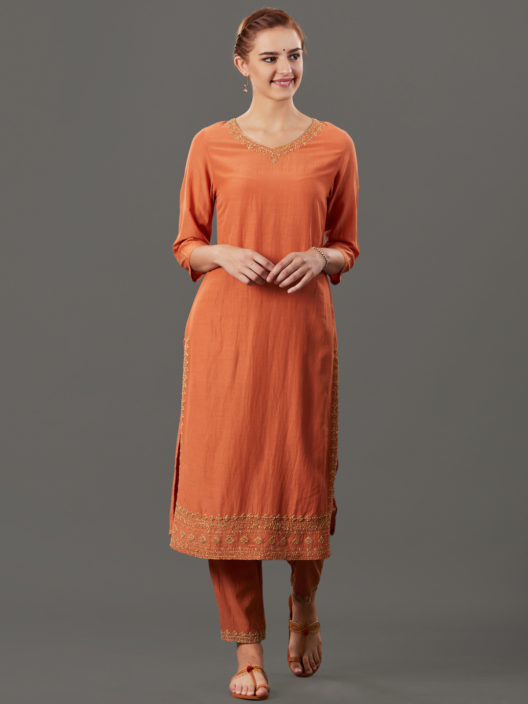 ORANGE EMBROIDERED COTTON SILK KURTA