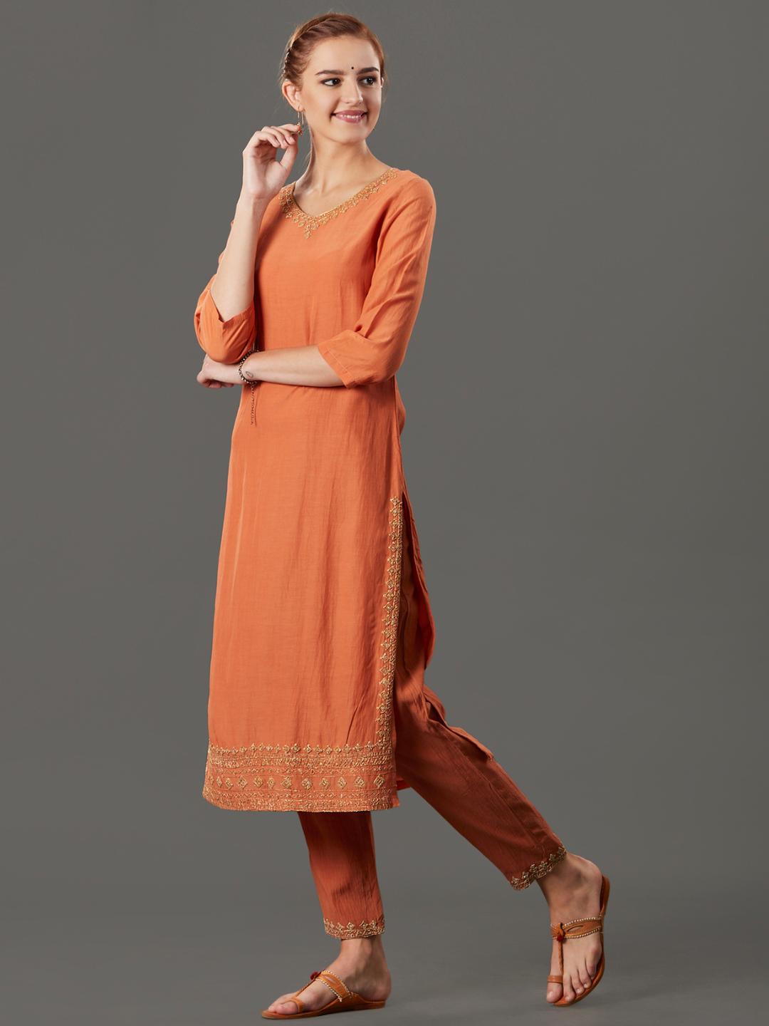 ORANGE EMBROIDERED COTTON SILK KURTA